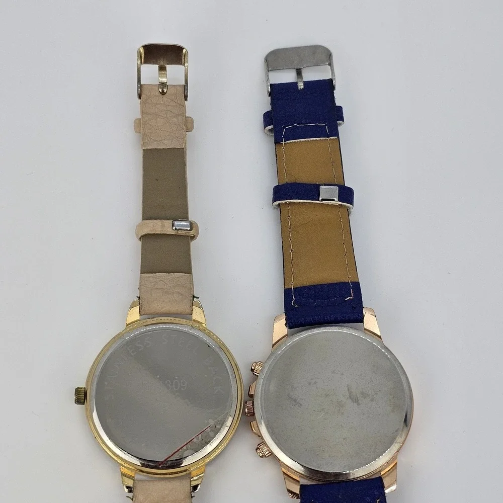 2X 40MM Women's Watch Gold Purple Dial Tan Purple Faux Leather Bands New Battery